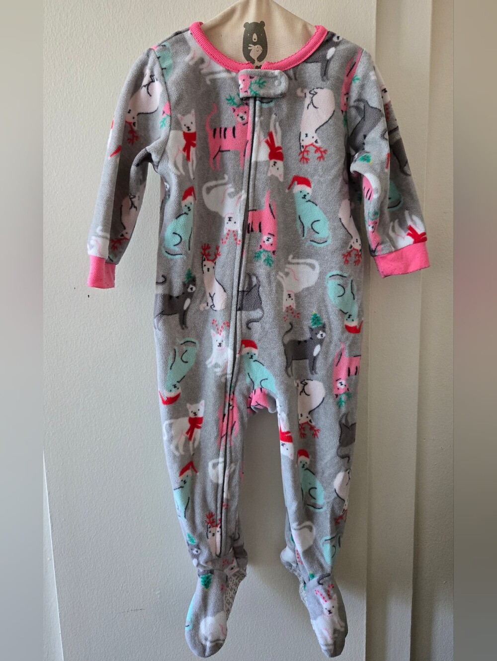 3/$20 Carter's Winter Kitty Cat Gray Footed One-Piece Pajama with Pink Trim
